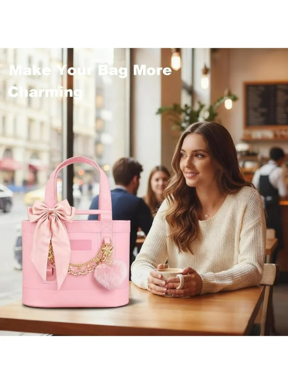 Satin Bow & Fluffy Ball Bag Charms for Tote Bags, Keychain Accessories for Women
